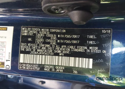 2019 Toyota 4Runner Sr5 Premium z USA, uszkodzony, nr VIN JTEBU5JR1K5637181